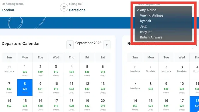 Low fare calendar with airline filter: Vueling, Ryanair, Jet2, easyJet, British Airways.