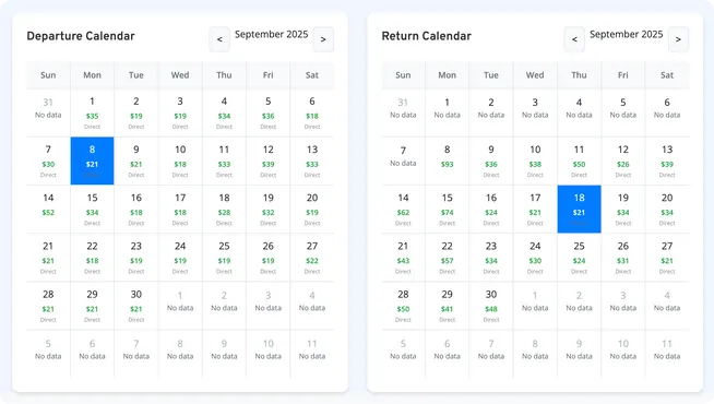 Low fare calendar showing cheapest departure and return dates London–Barcelona, September 2025.