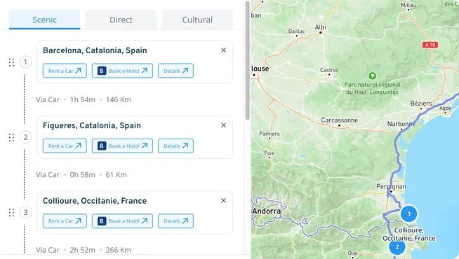 Route style selector with Scenic, Cultural, and Direct options on a map.