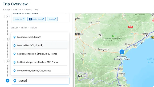 Editing a trip: adding a stop and reordering locations on the route.