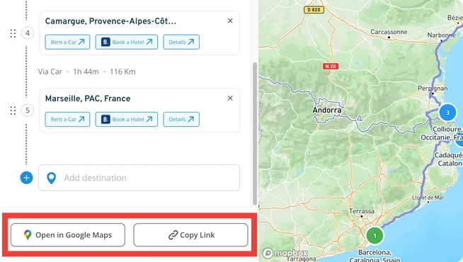 Buttons to save the trip and export the route to Google Maps or Waze.