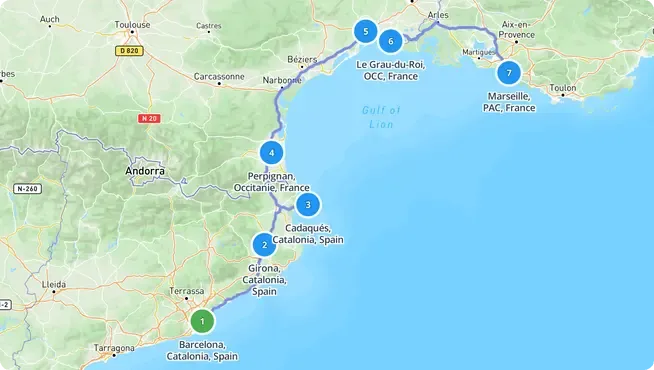 Road trip planner showing a route with stops, distances, and drive times.