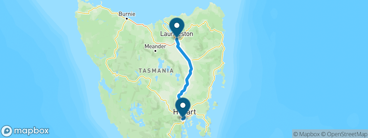 Driving route from Hobart to Launceston