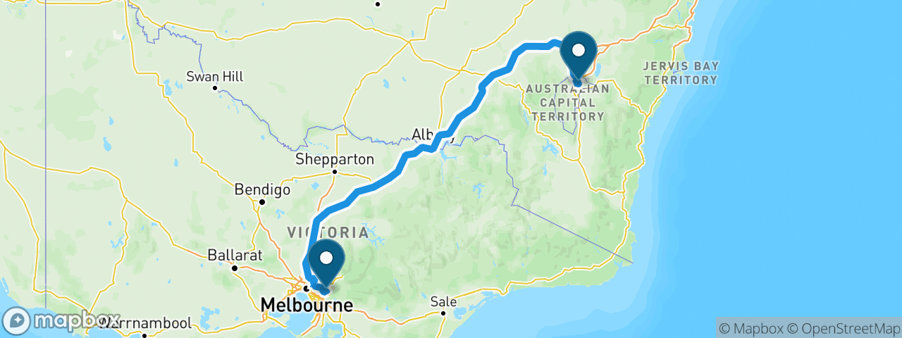 Driving route from Melbourne to Canberra