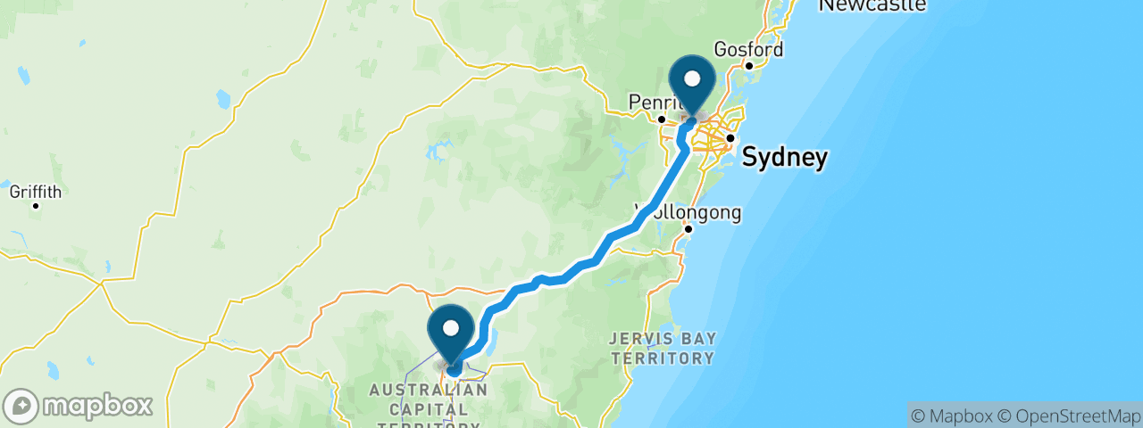 Driving route from Sydney to Canberra