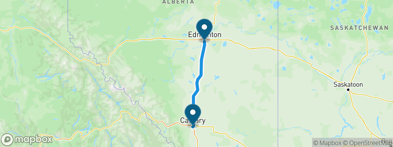Driving route from Calgary to Edmonton