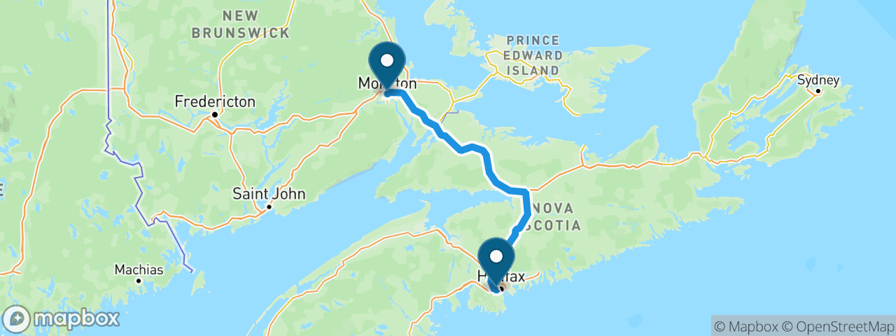 Driving route from Halifax to Moncton