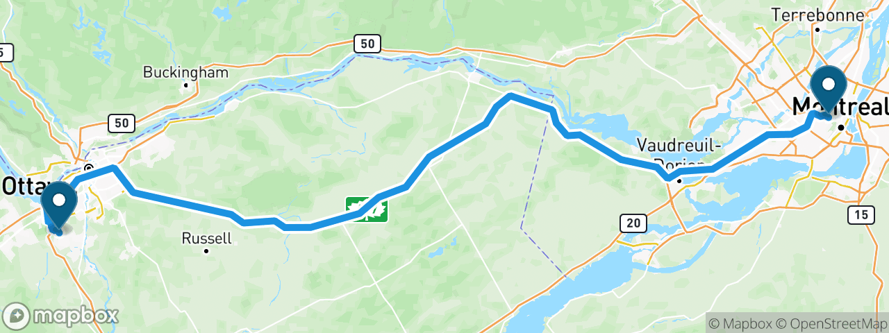Driving route from Montreal to Ottawa