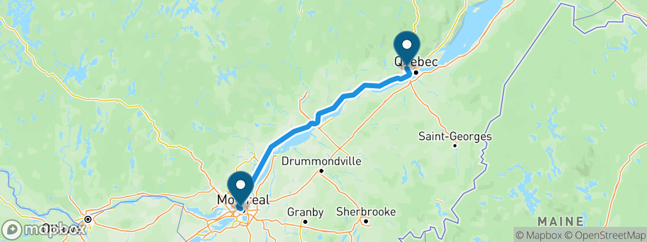 Driving route from Montreal to Quebec City