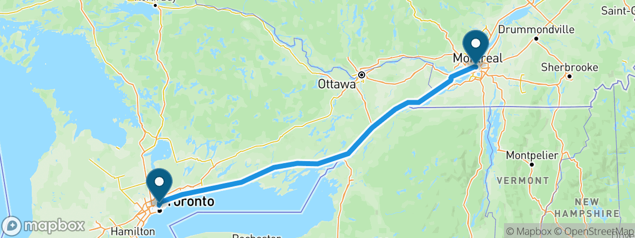 Driving route from Toronto to Montreal