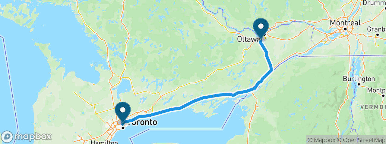 Driving route from Toronto to Ottawa