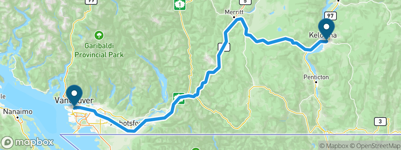 Driving route from Vancouver to Kelowna