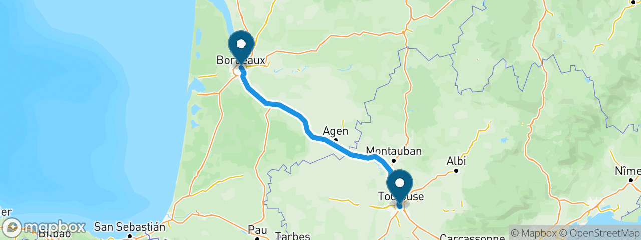 Driving route from Bordeaux to Toulouse