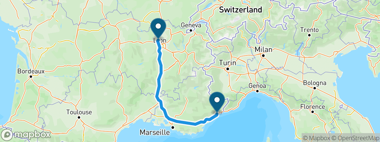 Driving route from Lyon to Nice