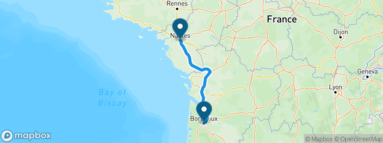 Driving route from Nantes to Bordeaux