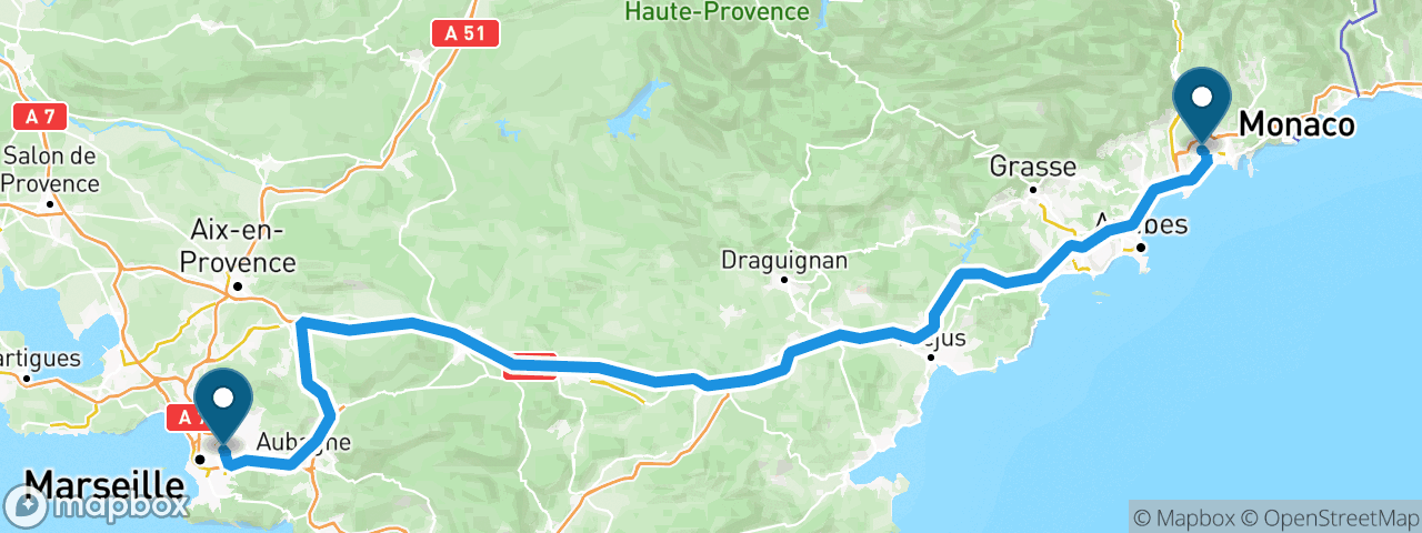 Driving route from Nice to Marseille
