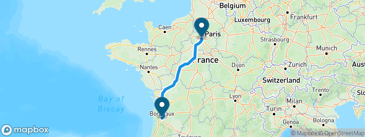 Driving route from Paris to Bordeaux