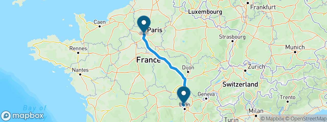 Driving route from Paris to Lyon