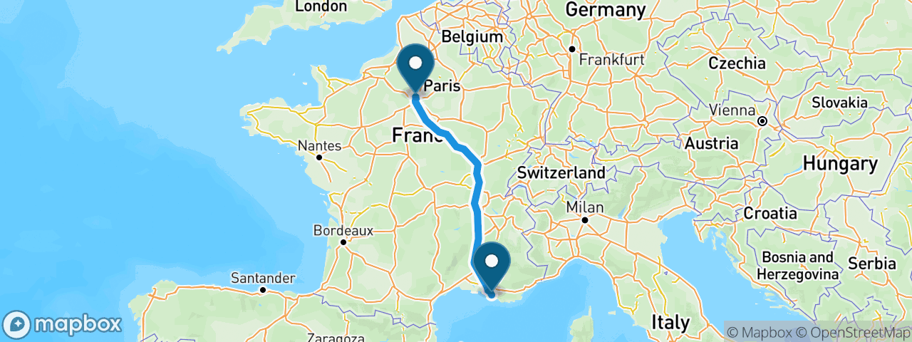 Driving route from Paris to Marseille