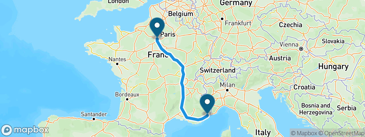 Driving route from Paris to Nice