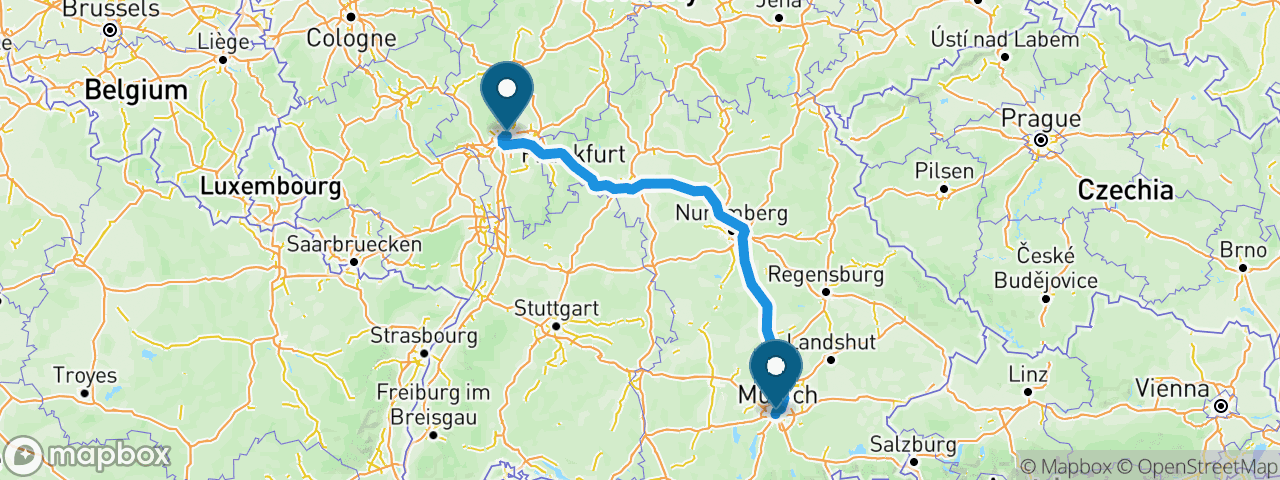 Driving route from Frankfurt to Munich