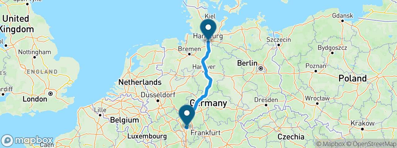 Driving route from Hamburg to Frankfurt