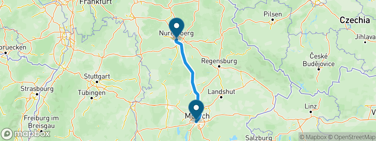 Driving route from Munich to Nuremberg