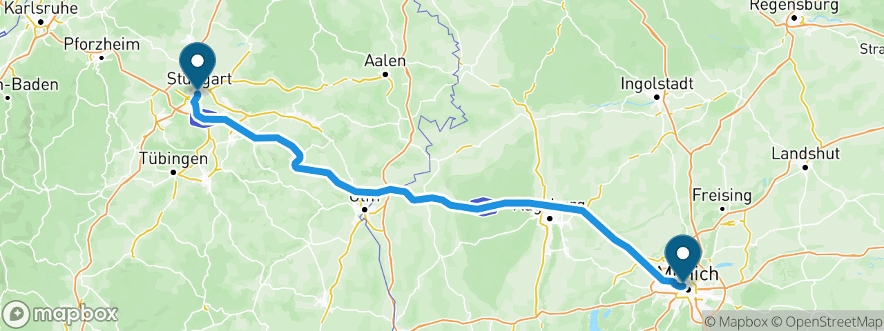 Driving route from Munich to Stuttgart