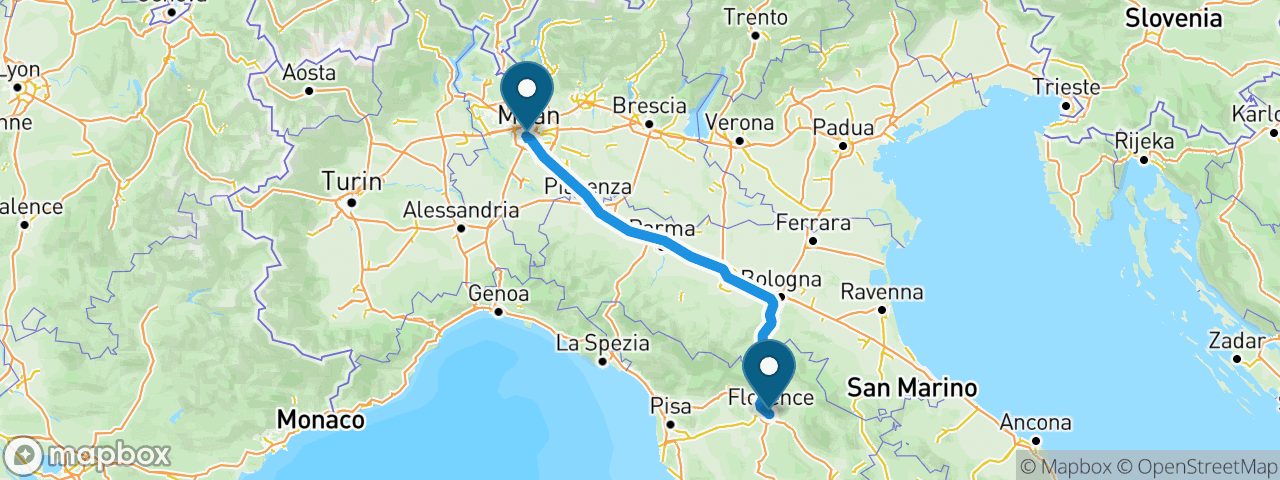 Driving route from Milan to Florence