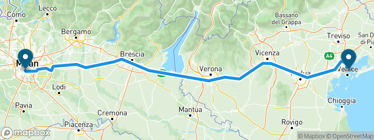 Driving route from Milan to Venice