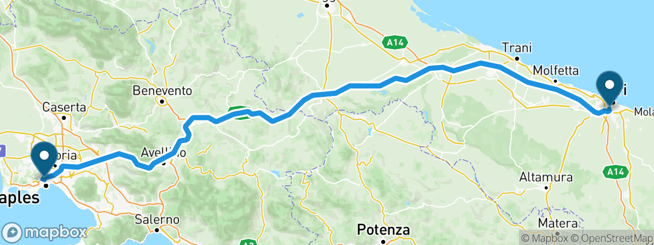 Driving route from Naples to Bari