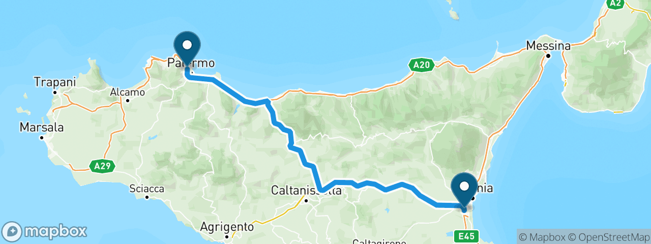Driving route from Palermo to Catania