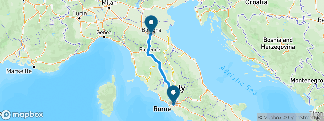 Driving route from Rome to Bologna