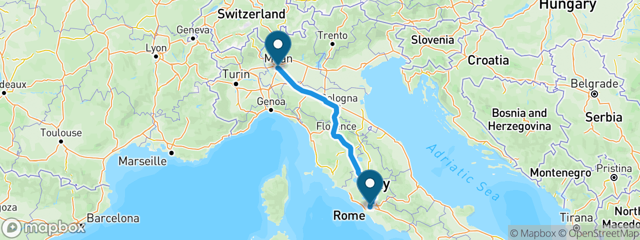 Driving route from Rome to Milan