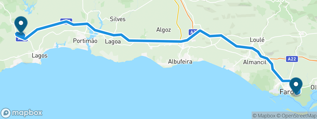 Driving route from Faro to Lagos