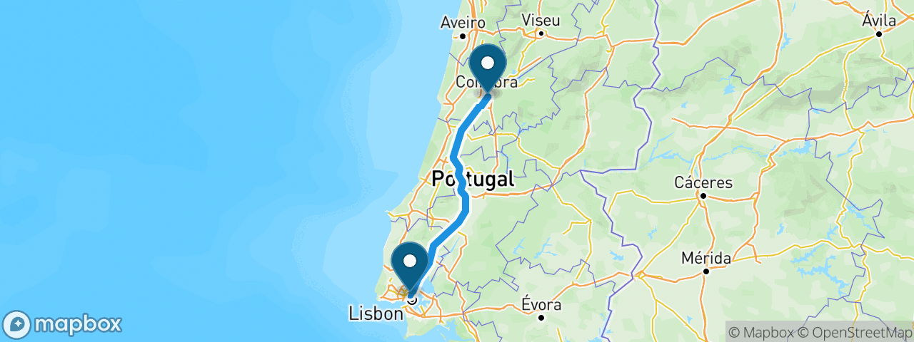 Driving route from Lisbon to Coimbra