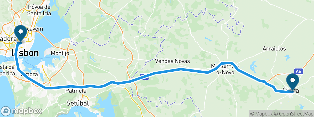 Driving route from Lisbon to Evora