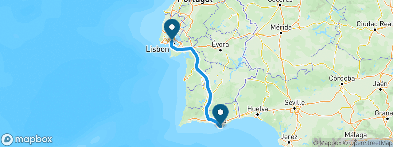 Driving route from Lisbon to Faro