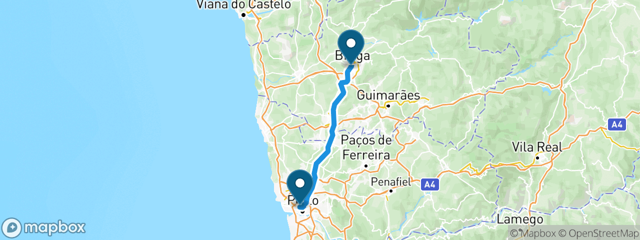 Driving route from Porto to Braga