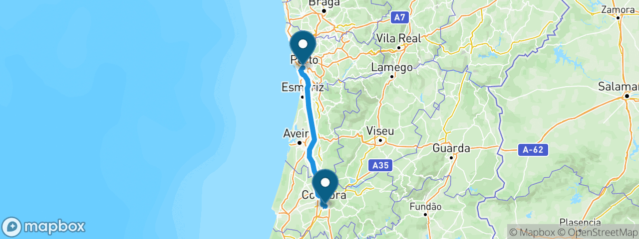 Driving route from Porto to Coimbra