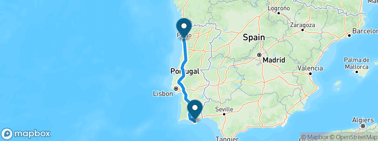 Driving route from Porto to Faro