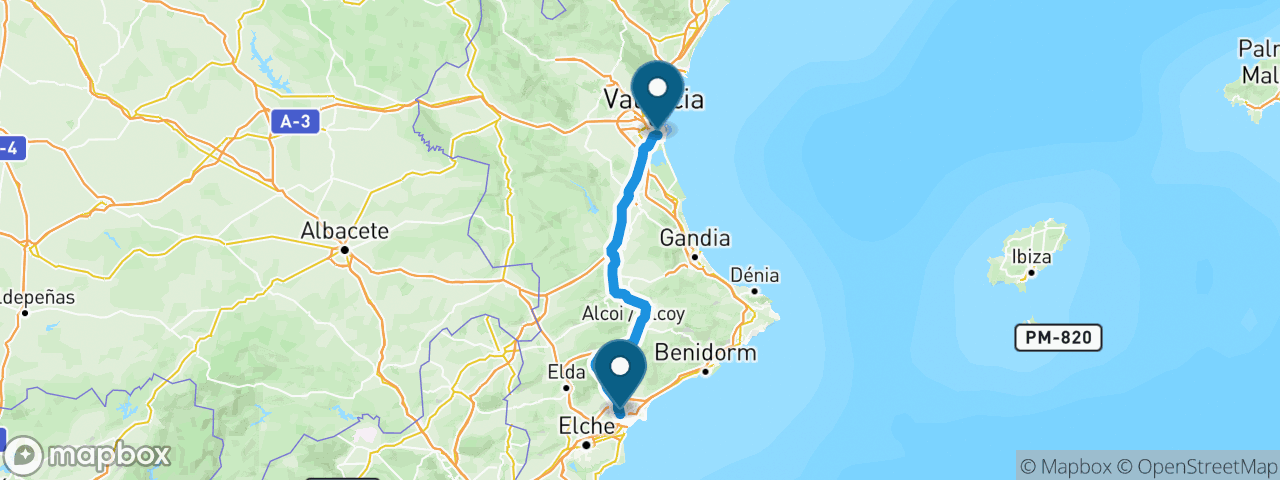 Driving route from Alicante to Valencia
