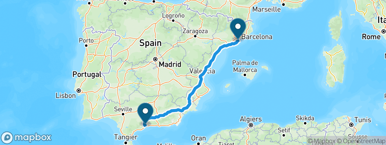 Driving route from Barcelona to Malaga