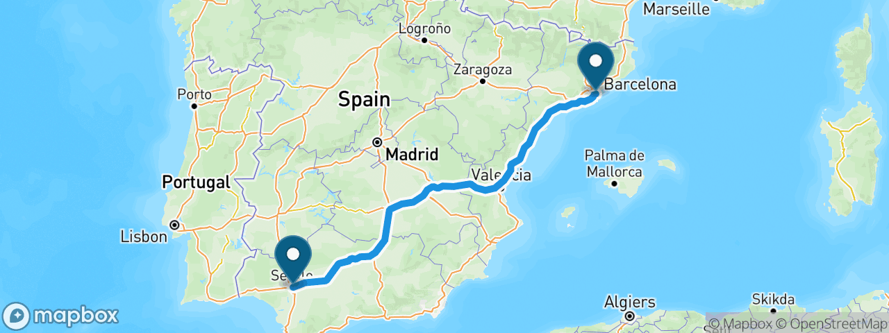Driving route from Barcelona to Seville