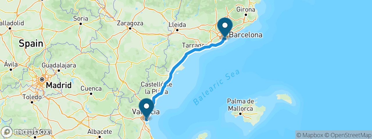 Driving route from Barcelona to Valencia