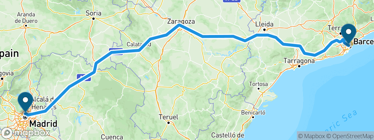 Driving route from Madrid to Barcelona