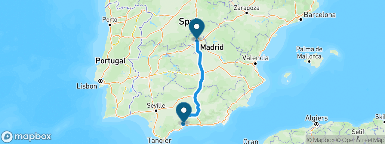 Driving route from Madrid to Malaga
