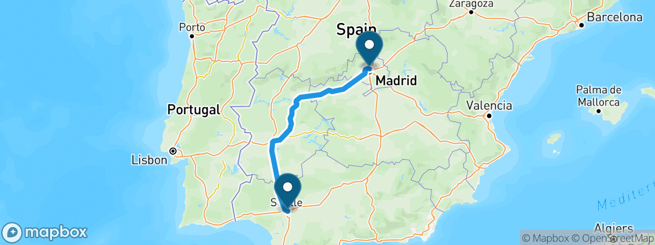Driving route from Madrid to Seville