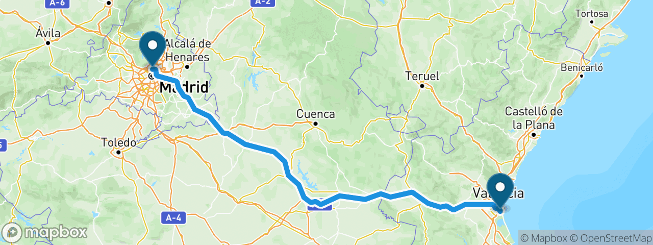 Driving route from Madrid to Valencia