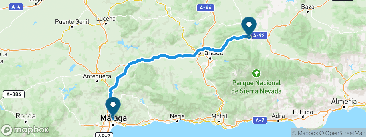 Driving route from Malaga to Granada